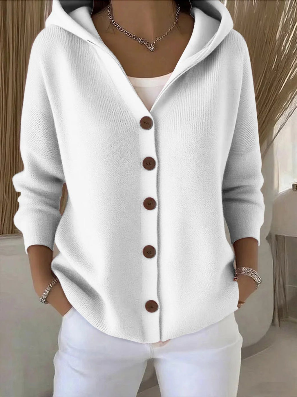 Women’s Relaxed Fit Hooded Button-Front Knit Cardigan White