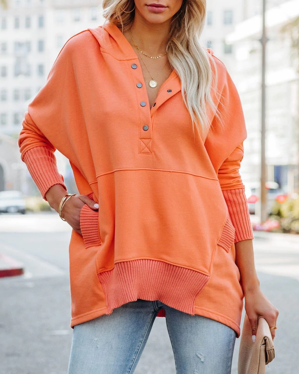 Women’s Relaxed Fit Hooded Drawstring Longline Sweatshirt Orange