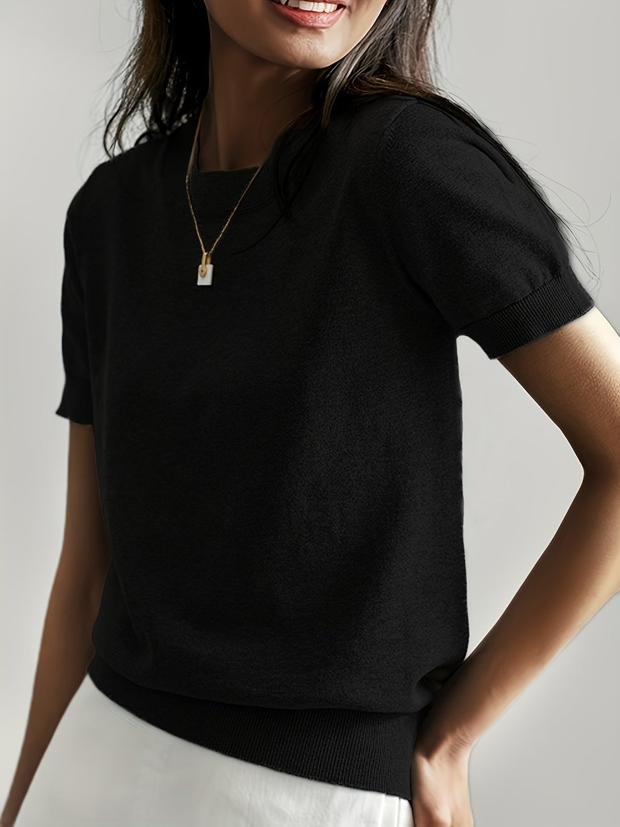 Women’s Relaxed Fit Short Sleeve Knitted Jumper Top Black