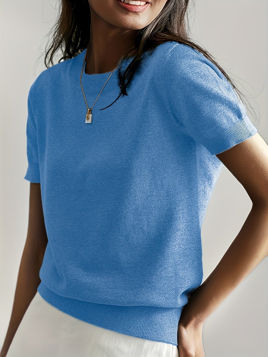 Women’s Relaxed Fit Short Sleeve Knitted Jumper Top Blue