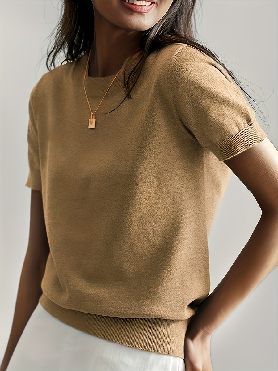 Women’s Relaxed Fit Short Sleeve Knitted Jumper Top Earth Tan