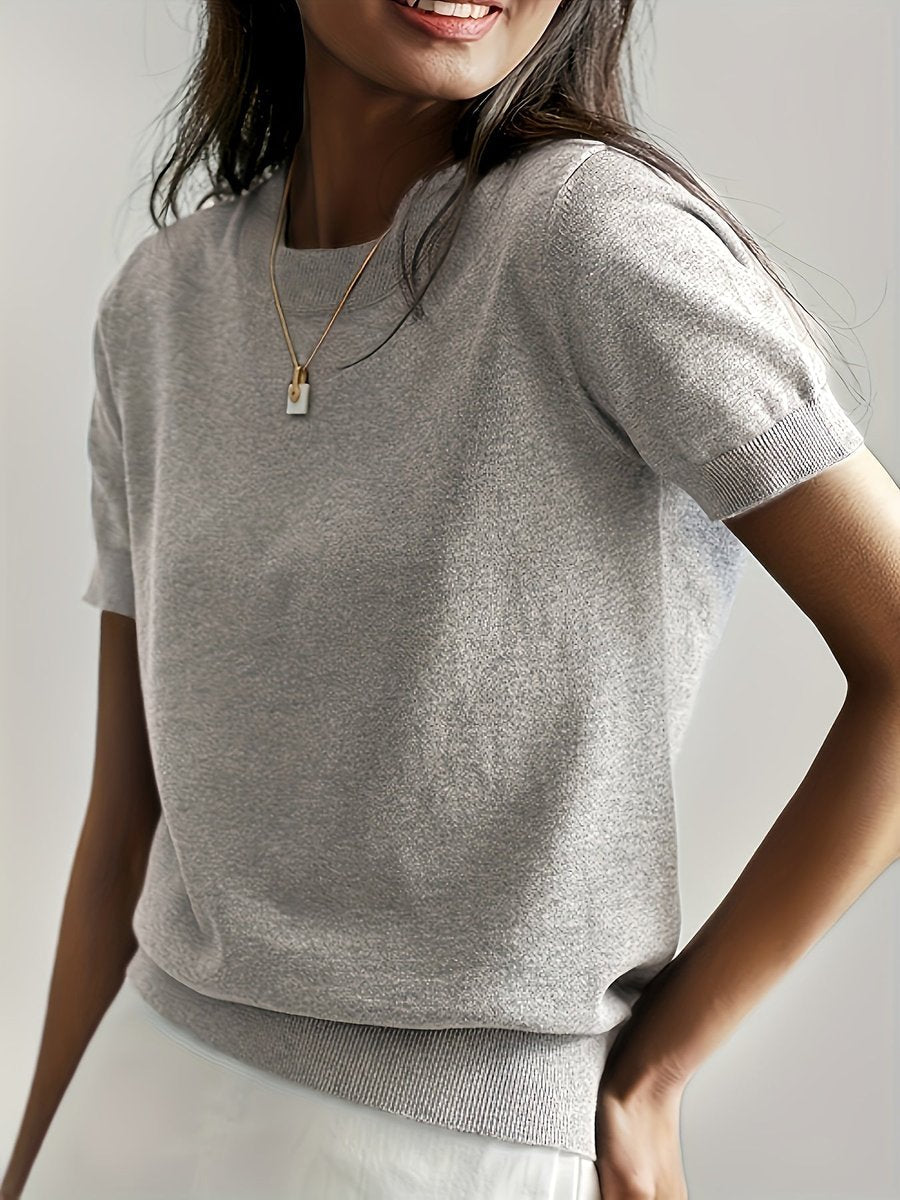 Women’s Relaxed Fit Short Sleeve Knitted Jumper Top Light Grey