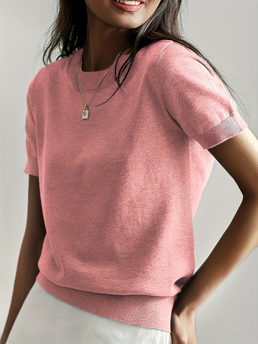 Women’s Relaxed Fit Short Sleeve Knitted Jumper Top Pink