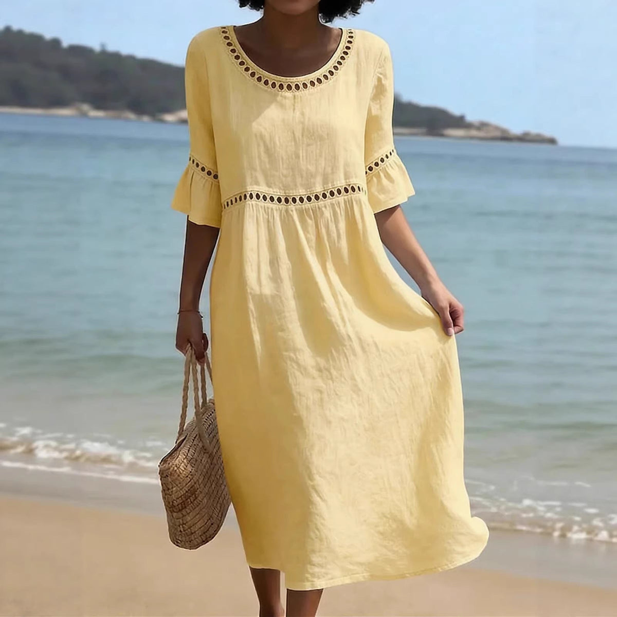 Women’s Elegant Tummy-Flattering Midi Dress Yellow