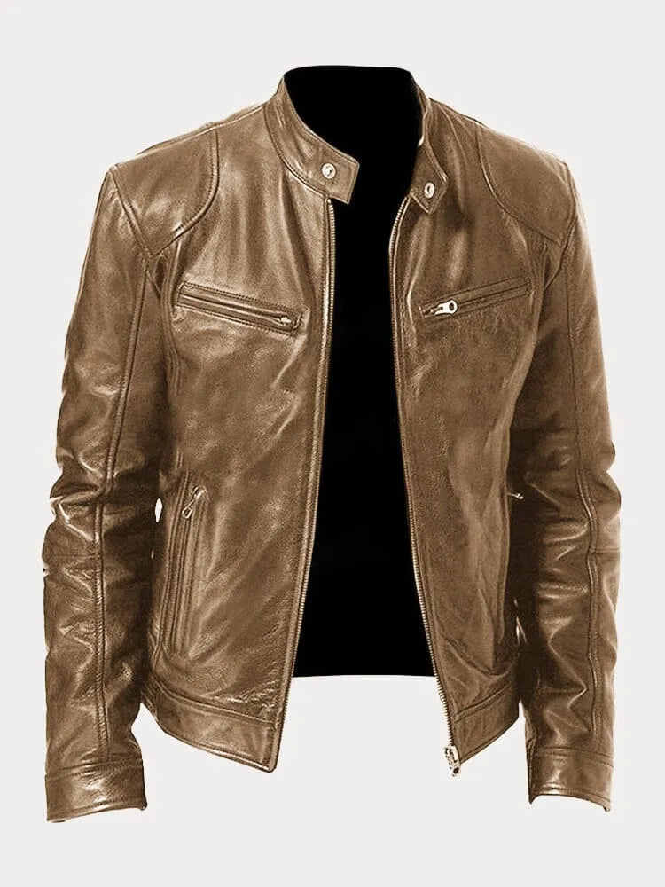 Men’s Timeless Faux Leather Jacket with Zip Fastening Beige