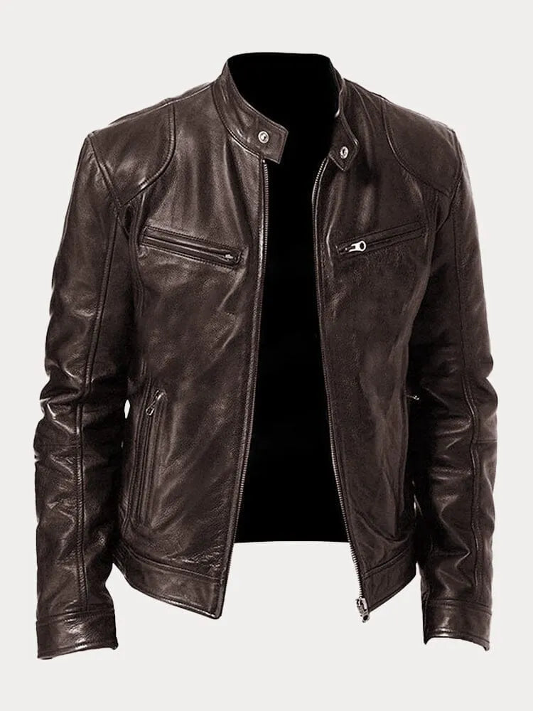 Men’s Timeless Faux Leather Jacket with Zip Fastening Dark Brown
