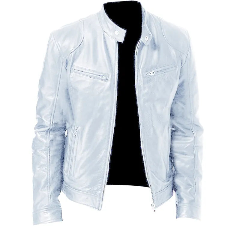 Men’s Timeless Faux Leather Jacket with Zip Fastening White