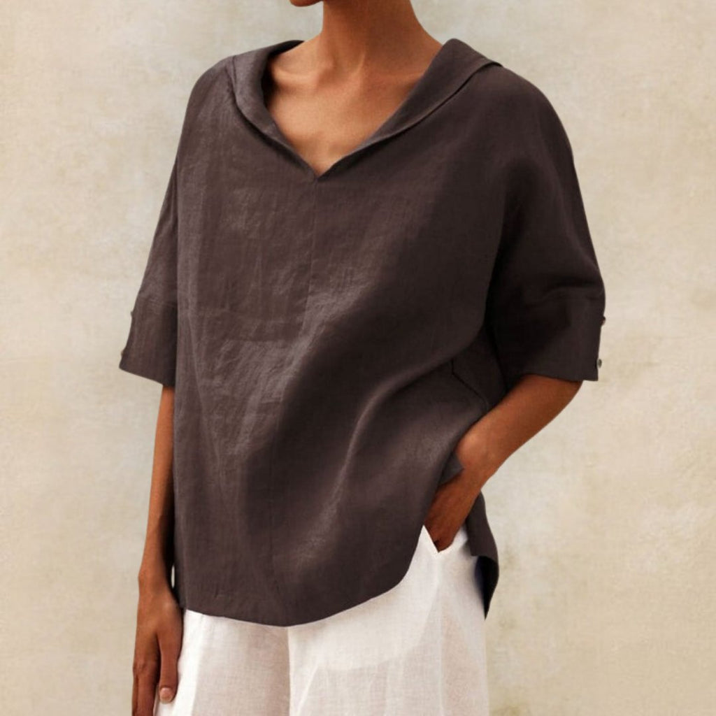 Women’s Relaxed V-Neck Casual Shirt for Everyday Elegance Brown