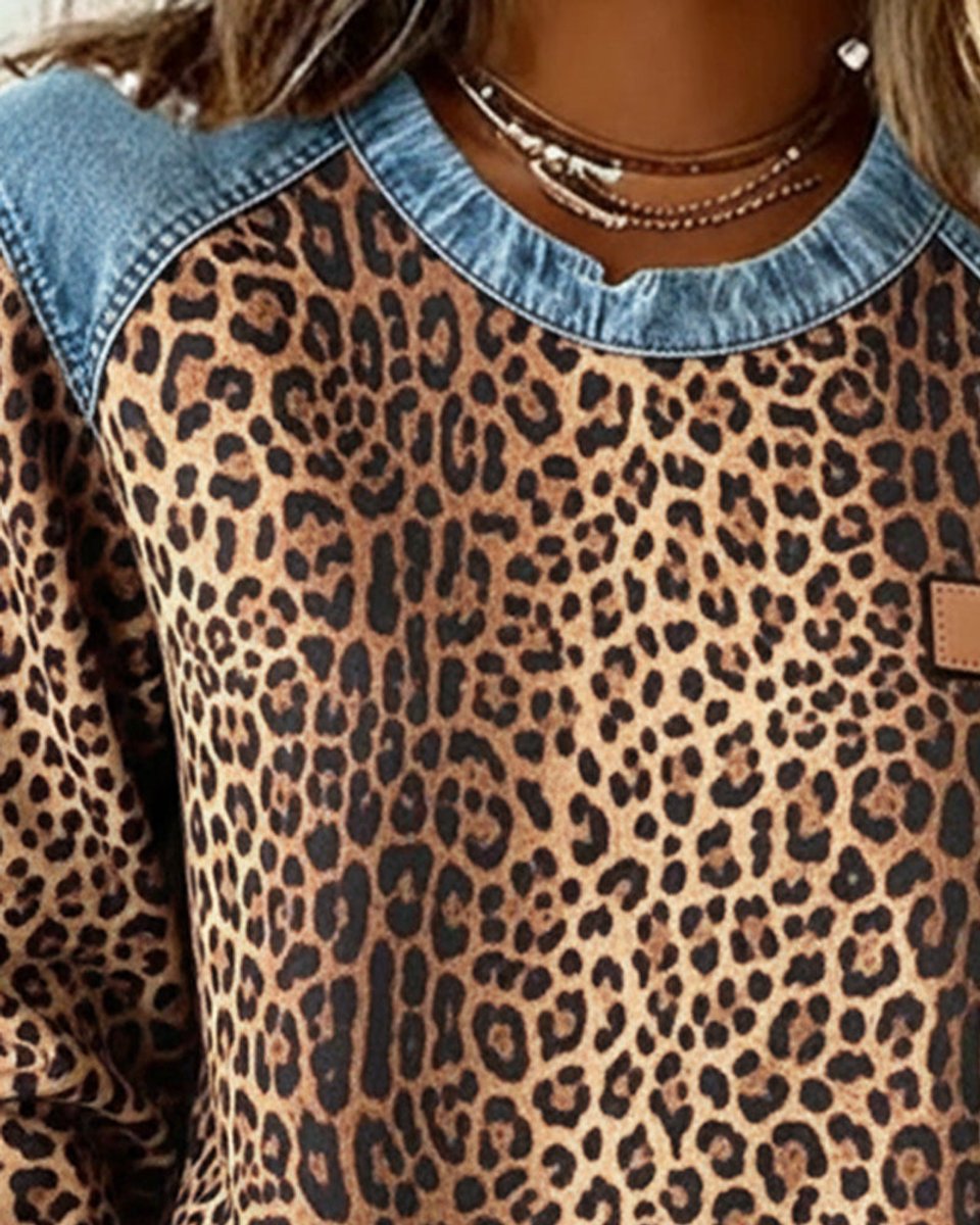 Women’s Leopard Print Denim Patchwork Jumper