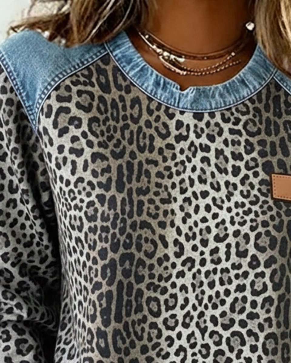 Women’s Leopard Print Denim Patchwork Jumper