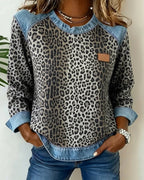 Women’s Leopard Print Denim Patchwork Jumper Grey