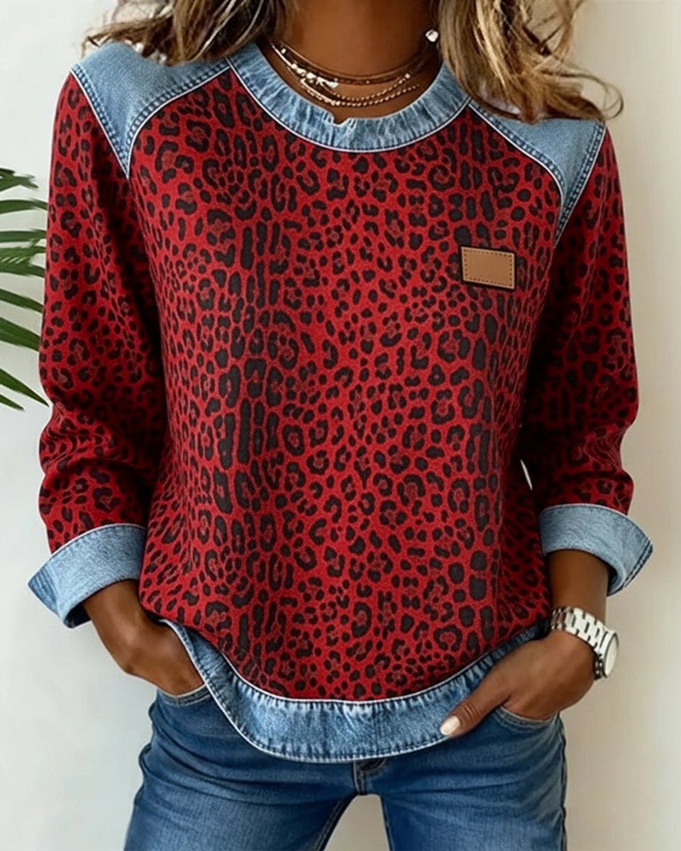 Women’s Leopard Print Denim Patchwork Jumper Red