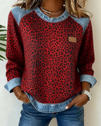 Women’s Leopard Print Denim Patchwork Jumper Red