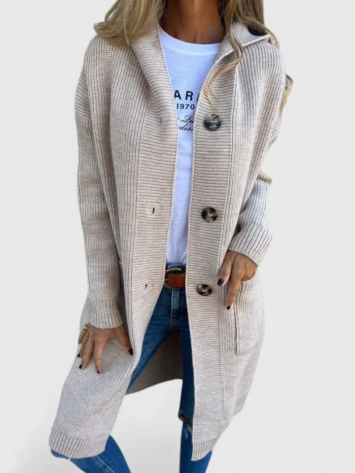 Women’s Longline Button Cardigan with Deep Front Pockets Beige