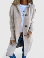 Women’s Longline Button Cardigan with Deep Front Pockets Beige