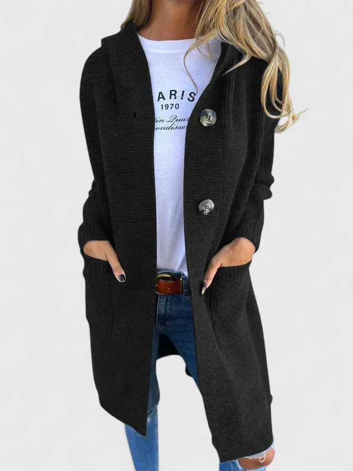 Women’s Longline Button Cardigan with Deep Front Pockets Black