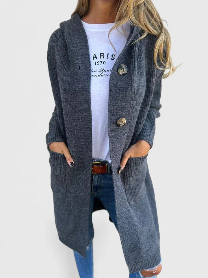 Women’s Longline Button Cardigan with Deep Front Pockets Grey