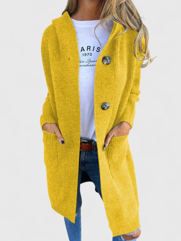 Women’s Longline Button Cardigan with Deep Front Pockets Yellow