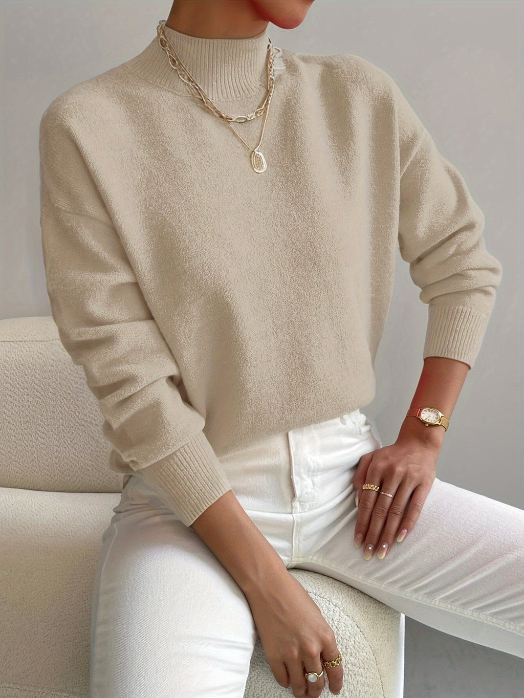 Women’s Mock Turtleneck Relaxed Fit Long Sleeve Jumper Beige