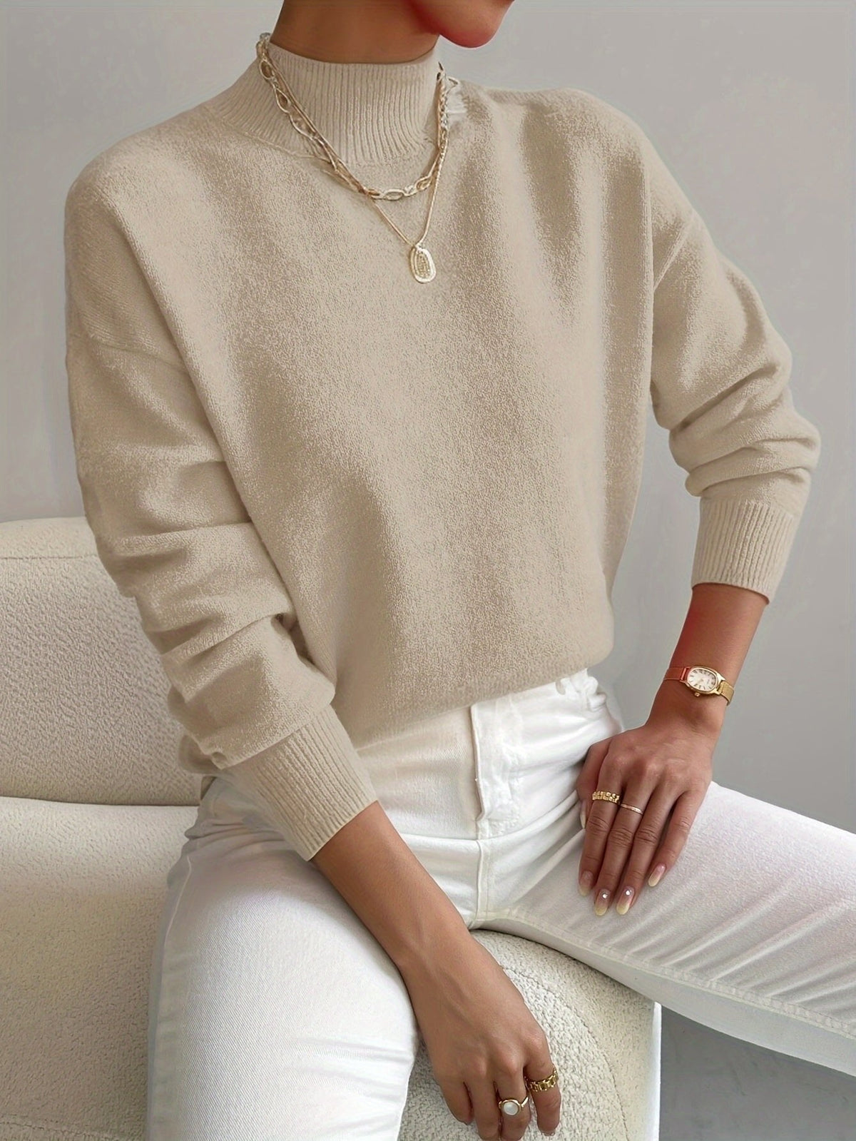Women’s Mock Turtleneck Relaxed Fit Long Sleeve Jumper Beige