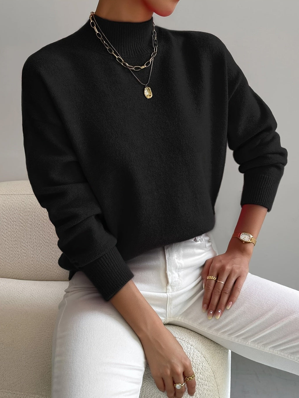 Women’s Mock Turtleneck Relaxed Fit Long Sleeve Jumper Black