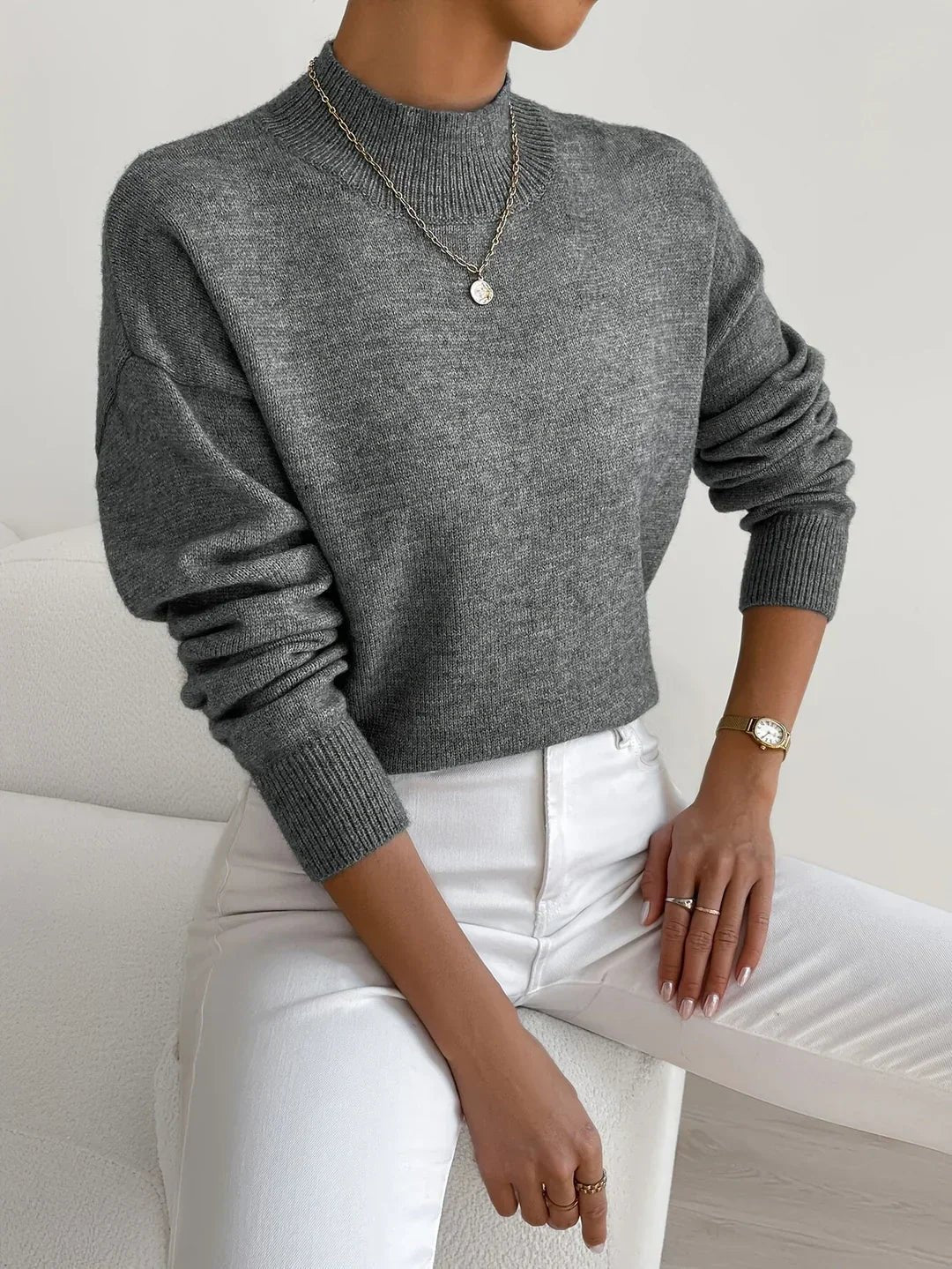 Women’s Mock Turtleneck Relaxed Fit Long Sleeve Jumper Dark Grey