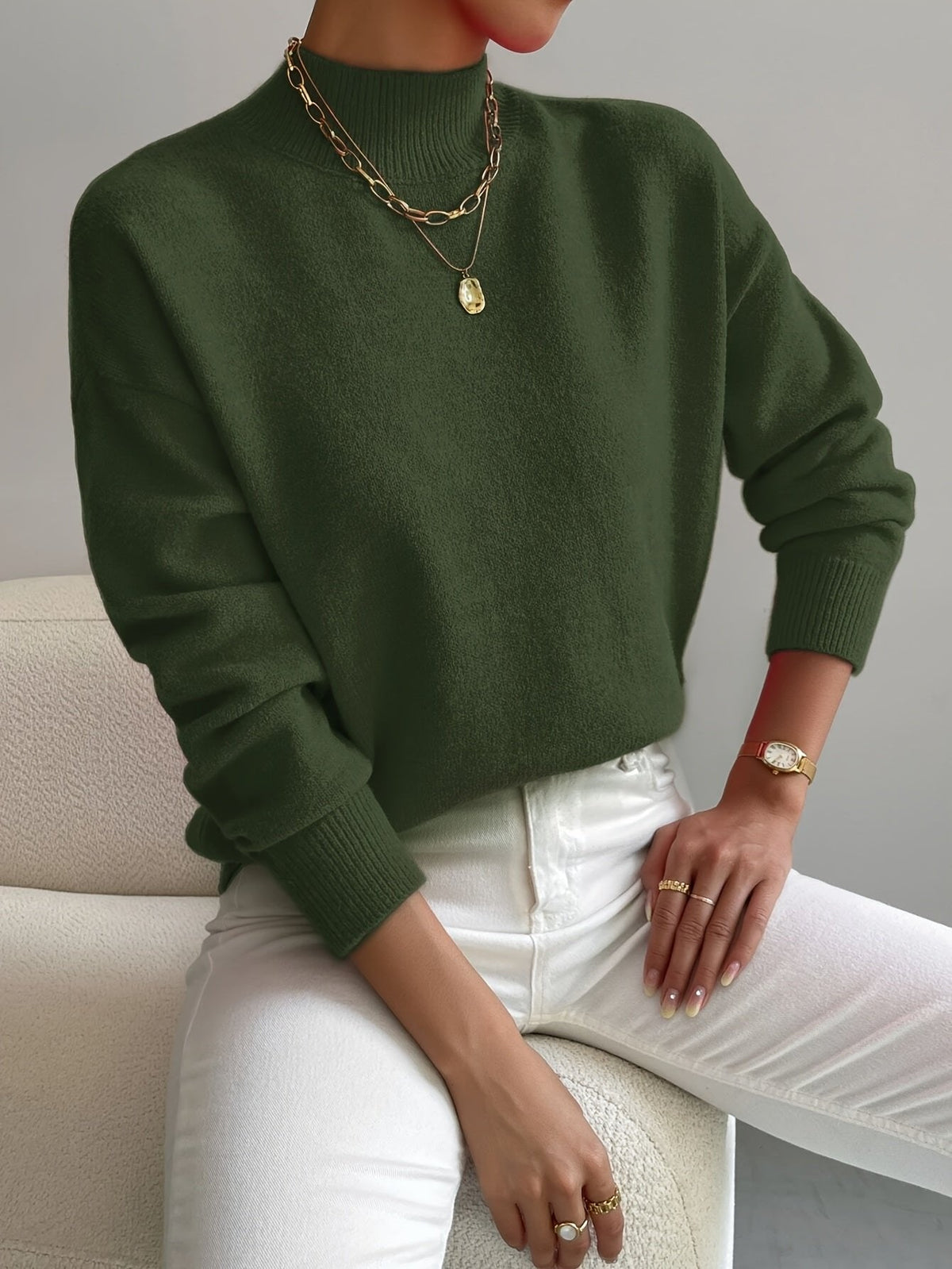 Women’s Mock Turtleneck Relaxed Fit Long Sleeve Jumper Green