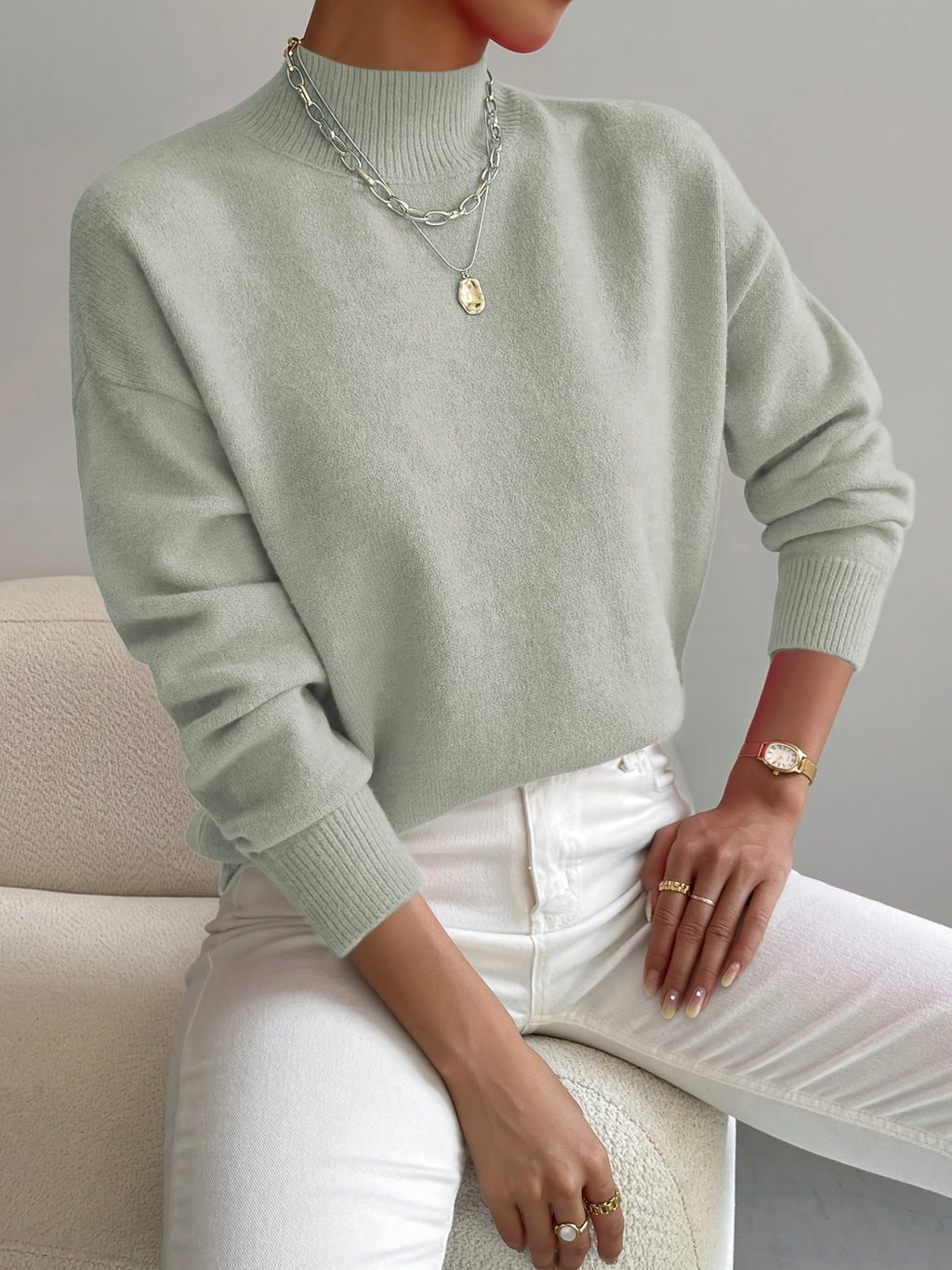Women’s Mock Turtleneck Relaxed Fit Long Sleeve Jumper Light Green