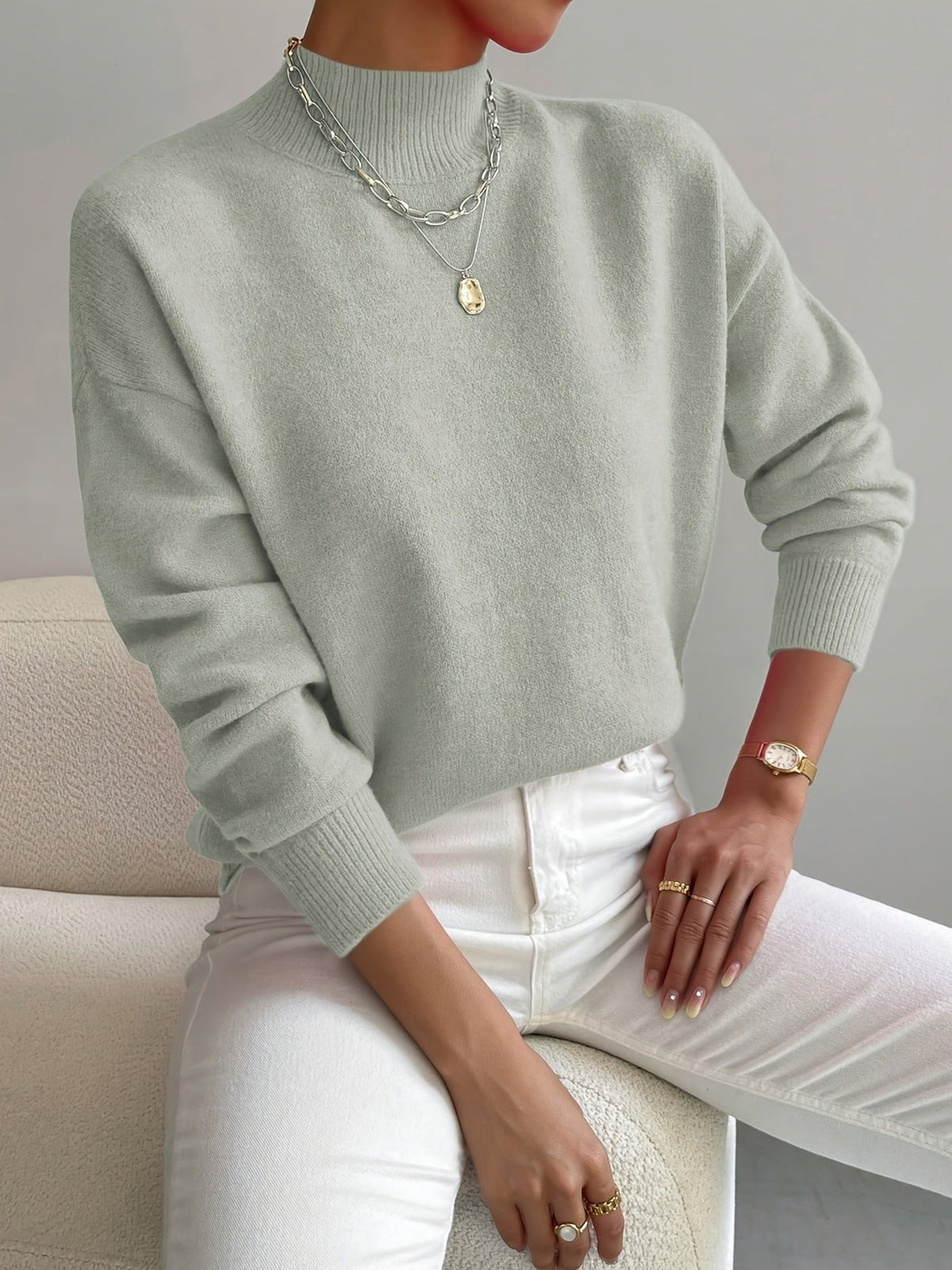Women’s Mock Turtleneck Relaxed Fit Long Sleeve Jumper Light Green