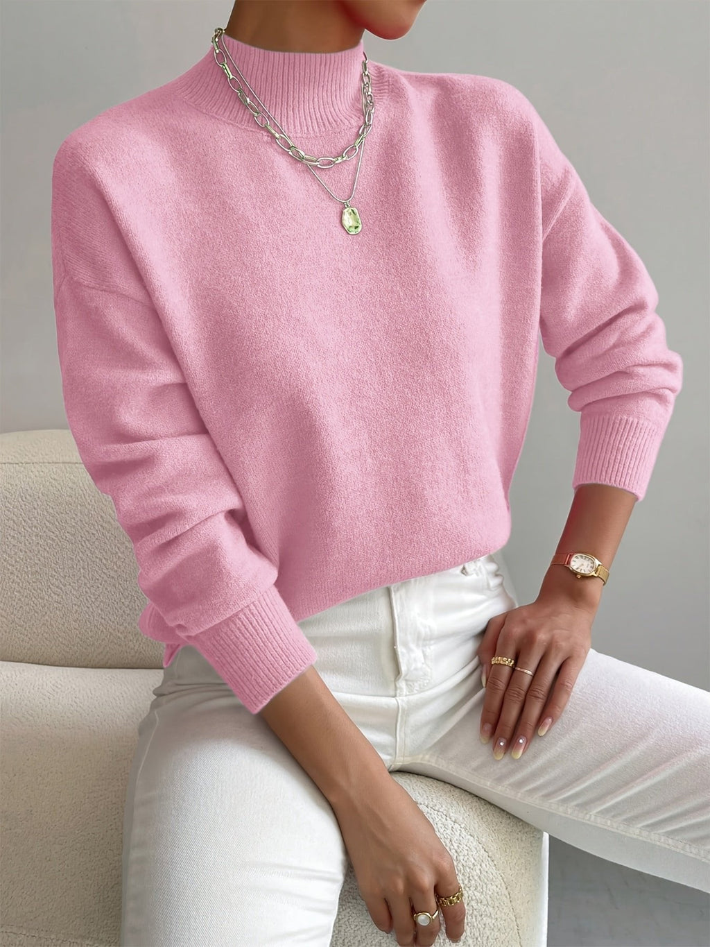 Women’s Mock Turtleneck Relaxed Fit Long Sleeve Jumper Light Pink