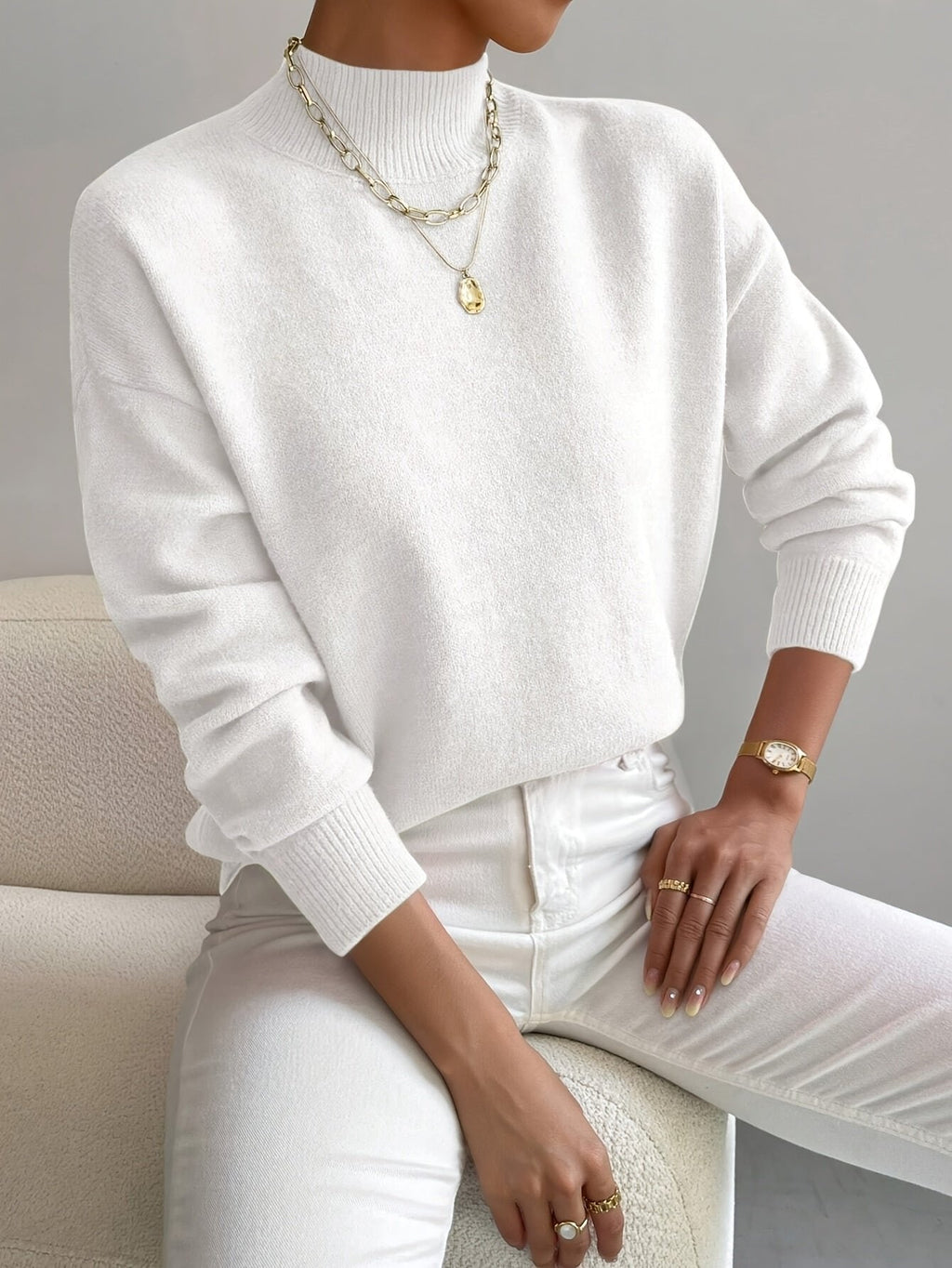 Women’s Mock Turtleneck Relaxed Fit Long Sleeve Jumper White