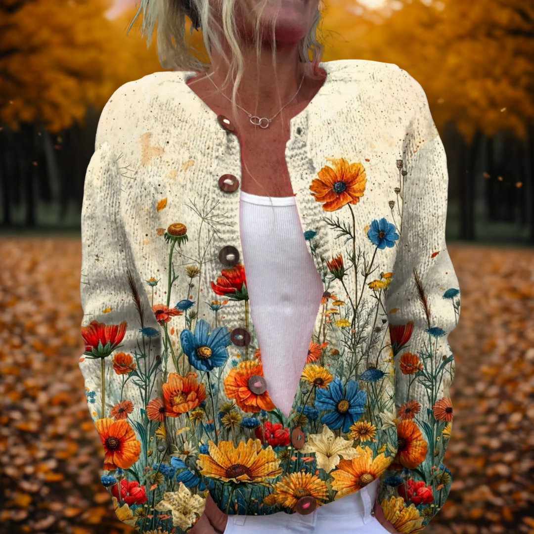Women’s Open-Front Knit Cardigan with Vintage Floral Print Multicolour
