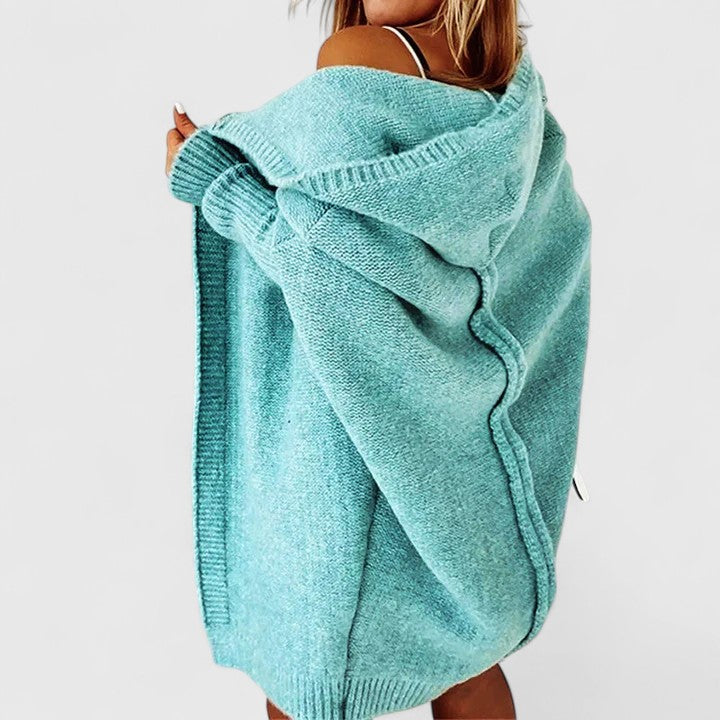 Women’s Oversized Knee-Length Cardigan with Large Hood Blue