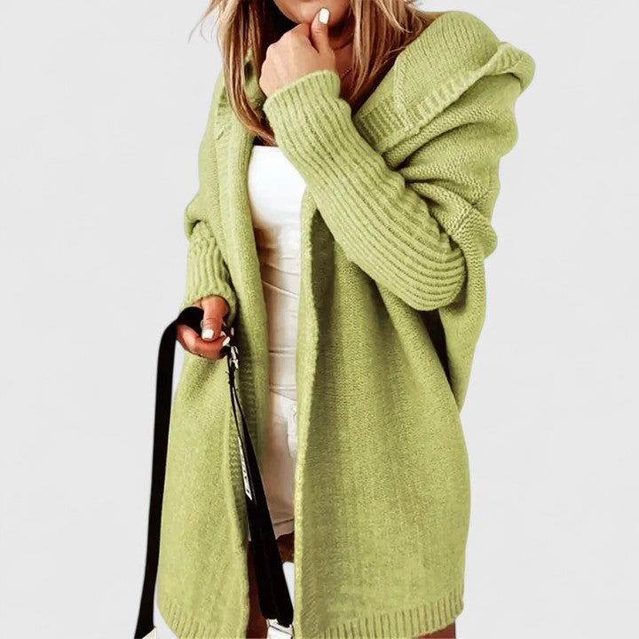 Women’s Oversized Knee-Length Cardigan with Large Hood Green
