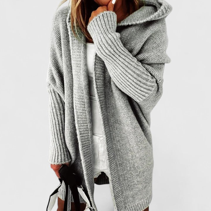 Women’s Oversized Knee-Length Cardigan with Large Hood Grey