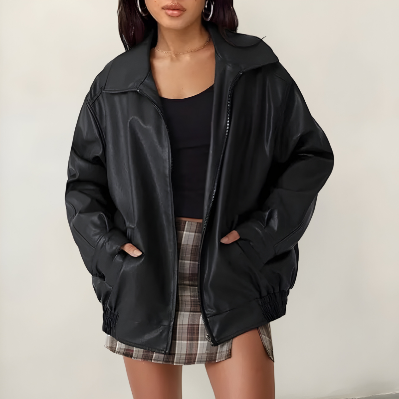 Women’s Stylish Oversized Leather Jacket Black