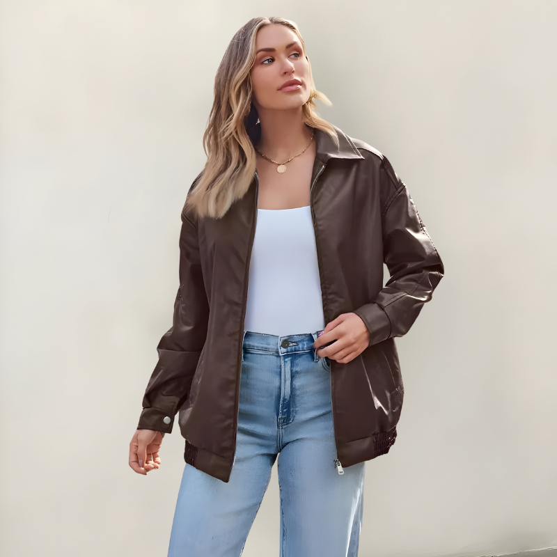 Women’s Stylish Oversized Leather Jacket Brown