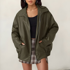 Women’s Stylish Oversized Leather Jacket Green