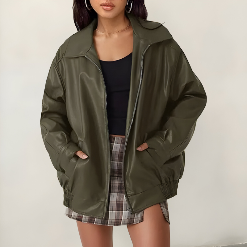 Women’s Stylish Oversized Leather Jacket Green