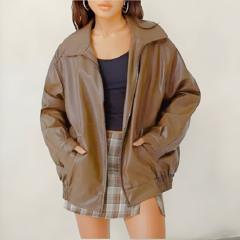 Women’s Stylish Oversized Leather Jacket Light Brown