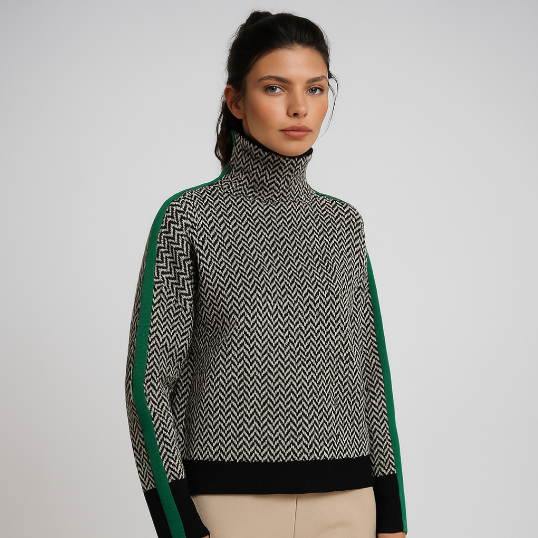Women’s Stylish Printed Roll-Neck Jumper Green