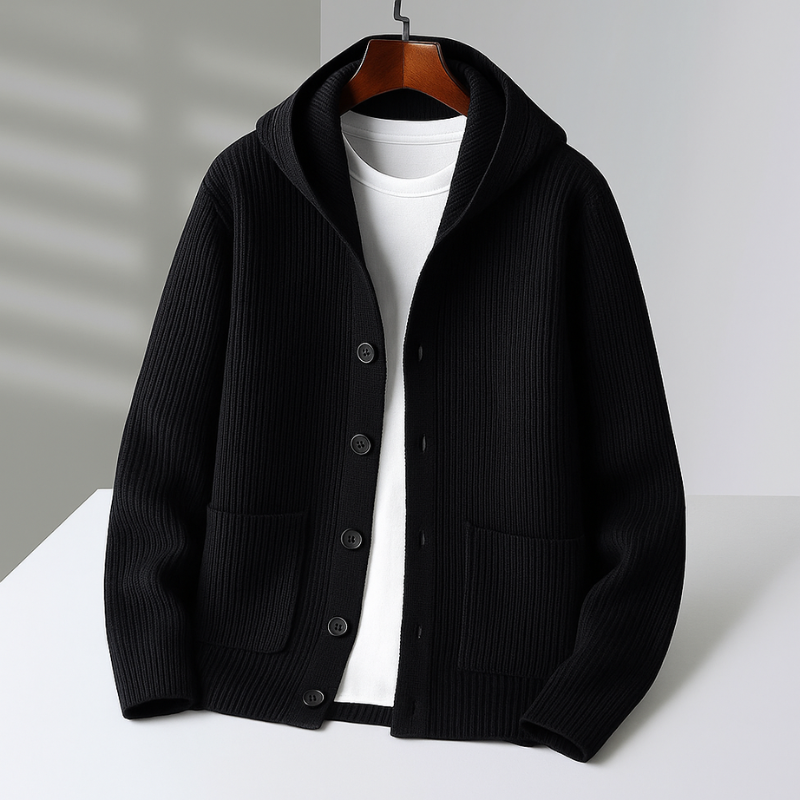 Men’s Casual Ribbed Hooded Cardigan Black
