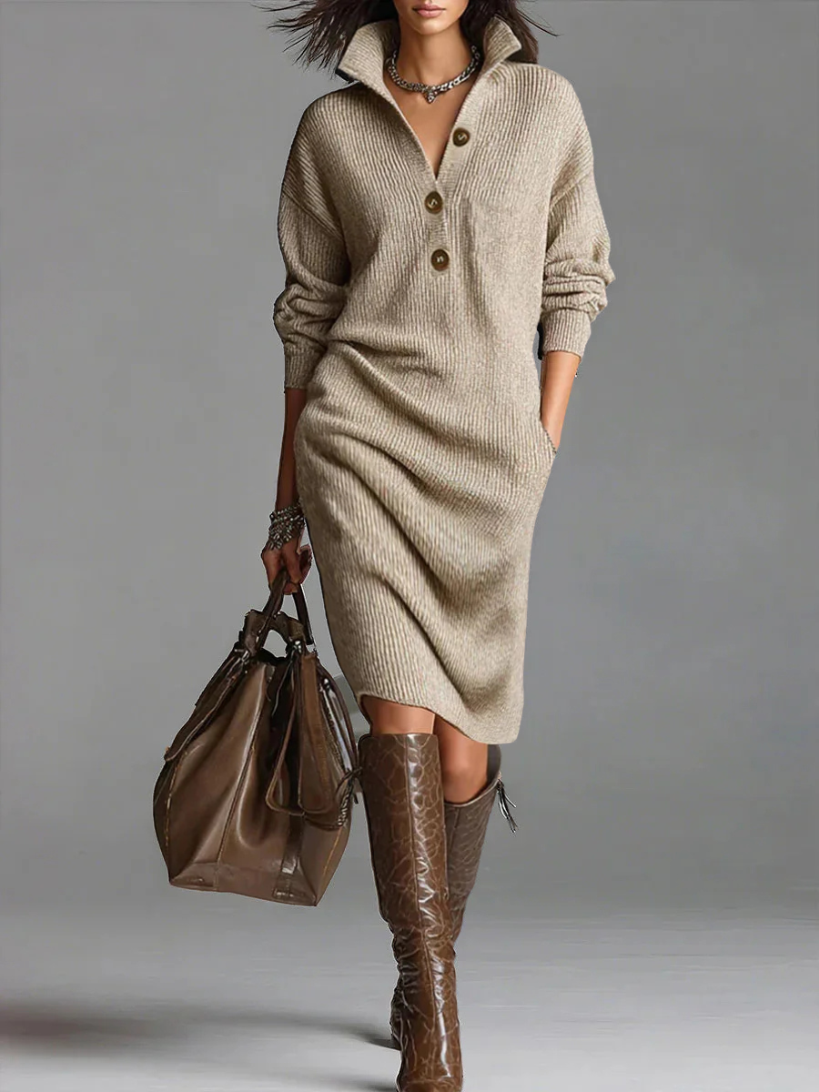 Women’s Chic Ribbed Midi Dress Khaki
