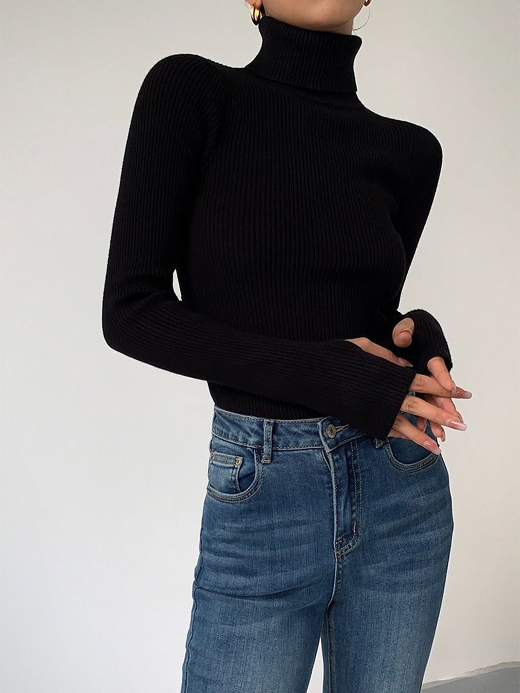 Women’s Ribbed Turtleneck Lightweight Knit Jumper Black