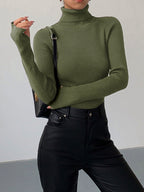 Women’s Ribbed Turtleneck Lightweight Knit Jumper Green