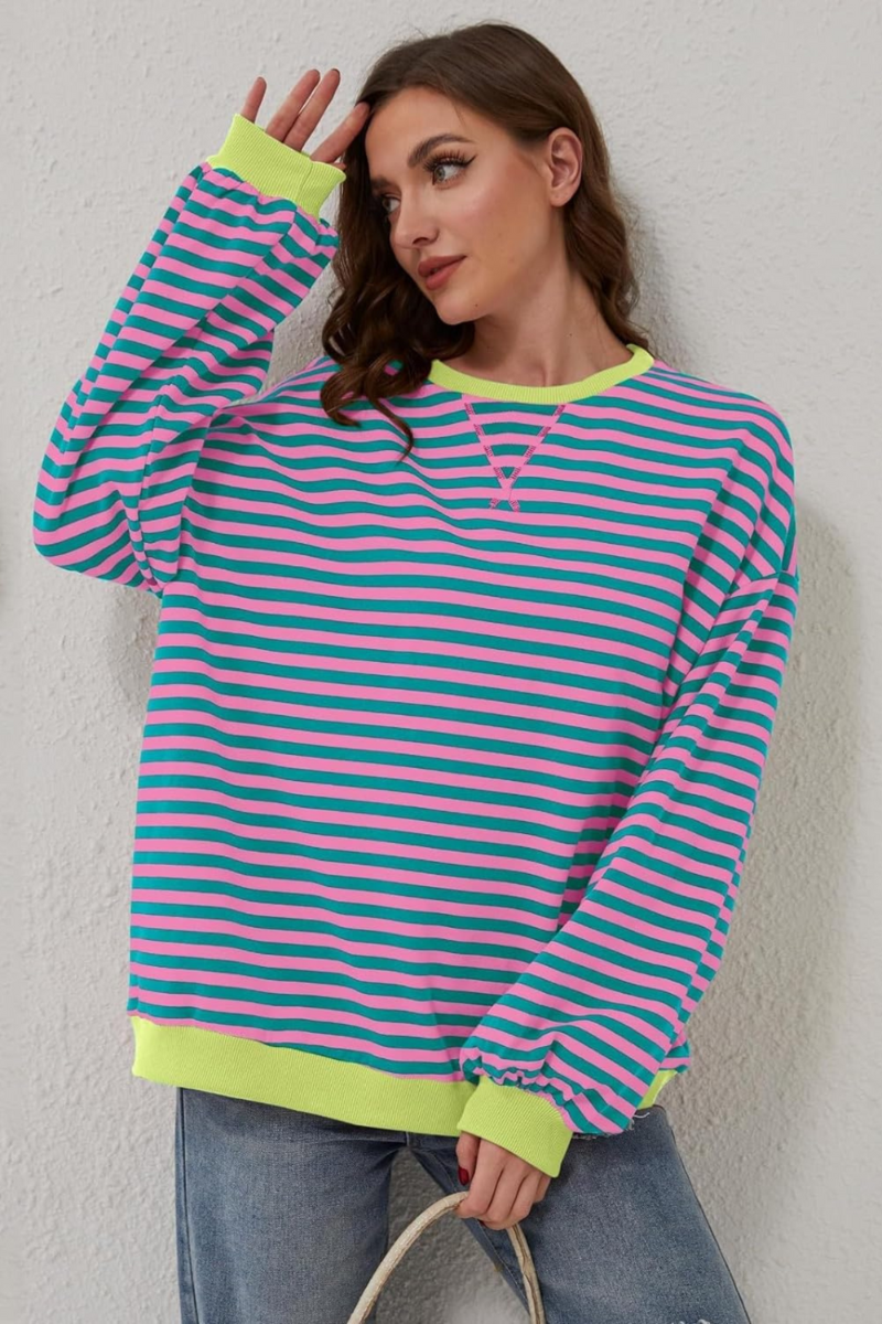 Women’s Striped Crew Neck Sweatshirt Pink & Blue