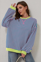 Women’s Striped Crew Neck Sweatshirt Pink & Blue