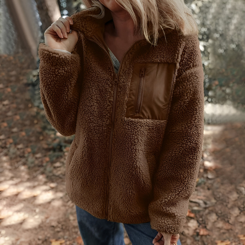 Women’s Warm Teddy Fleece Jacket with Zip Brown