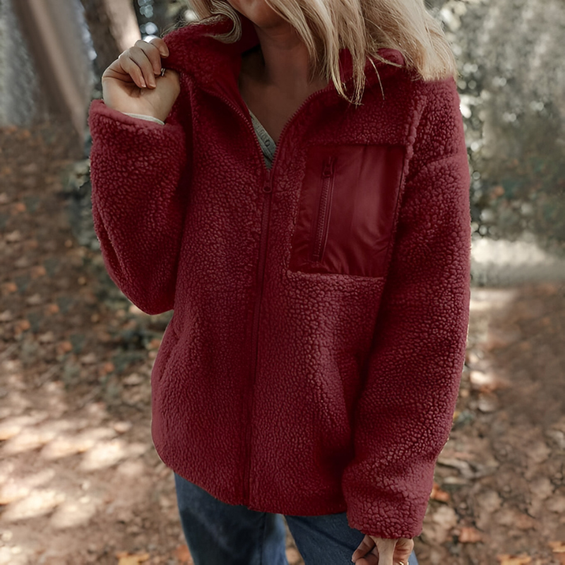 Women’s Warm Teddy Fleece Jacket with Zip Red