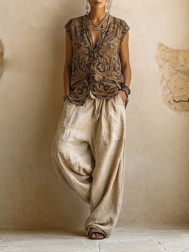 Women’s Elegant Three-Piece Set with Wide-Leg Trousers